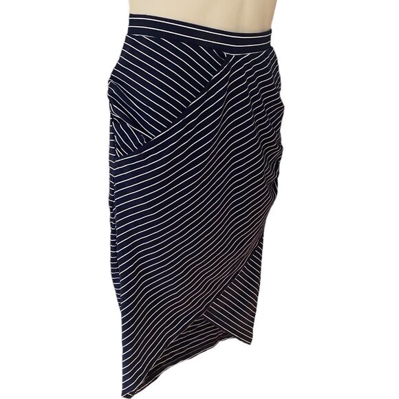 Leith Stretchy ruched sides tulip asymmetric skirt Navy White striped Small S - Picture 4 of 6